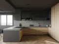 Nowoczesna kuchnia z drewnianymi frontami i betonowym blatem. Inspiracje jak urządzić kuchnię w minimalistycznym stylu.