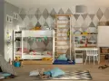 Pokój dziecięcy z białym łóżkiem piętrowym, drabinką i biurkiem. Na podłodze namiot tipi i pluszaki.