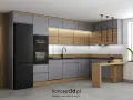 Nowoczesne aranżacje kuchnia szara z drewnem. Eleganckie połączenie matowej szarości i ciepłego drewna tworzy przytulną atmosferę.