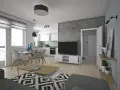 Nowoczesna aranżacja mieszkania w bloku 48m2: salon z aneksem kuchennym, jadalnia, TV, stolik kawowy, wygodna sofa.