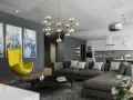 Nowoczesny salon z szarą kanapą i żółtym fotelem. Obrazy i designerska lampa dodają charakteru, pokazując, jak rozjaśnić pokój dodatkami.