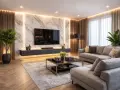 Elegancka ściana z TV glamour, z marmurowym tłem, podświetleniem LED i drewnianymi panelami. Wygodna szara sofa i nowoczesny stolik kawowy dopełniają wnętrze.
