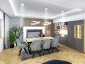 Nowoczesny salon z jadalnią, gdzie drewniane lamele tworzą ciekawy pomysł na ścianę w salonie.