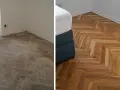 Drewniana podłoga w jodełkę przed i po cyklinowaniu. Widać wyraźną różnicę w odcieniu i połysku parkietu.