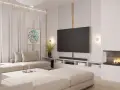 Nowoczesna ściana z telewizorem, kominkiem i wygodną kanapą. Idealne miejsce na relaks i oglądanie filmów.
