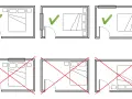 Dobre i złe ustawienia łóżka w sypialni wg feng shui. Zielone zaznaczenie oznacza prawidłowe umiejscowienie łóżka, czerwone krzyżyki - błędy.