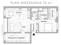 Układ mieszkań w bloku z wielkiej płyty: salon, kuchnia, sypialnia, dwie łazienki, garderoba i pokój gościnny/gabinet.
