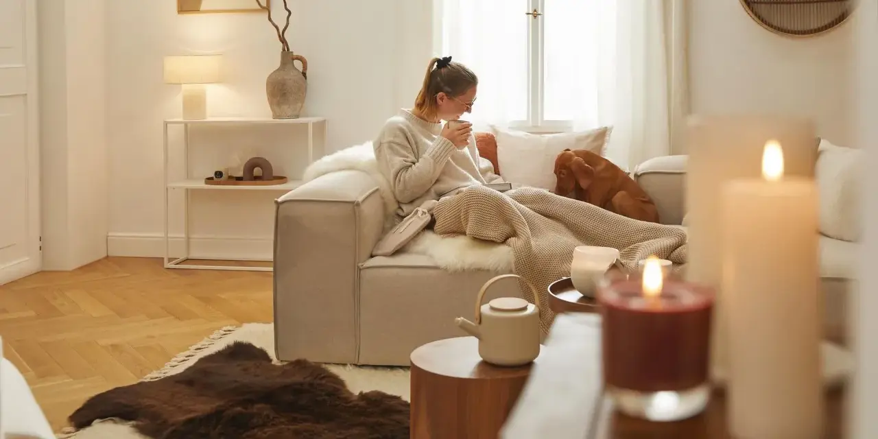 Przytulny ciepły salon. Kobieta z psem siedzi na kanapie pod kocem, pijąc herbatę.