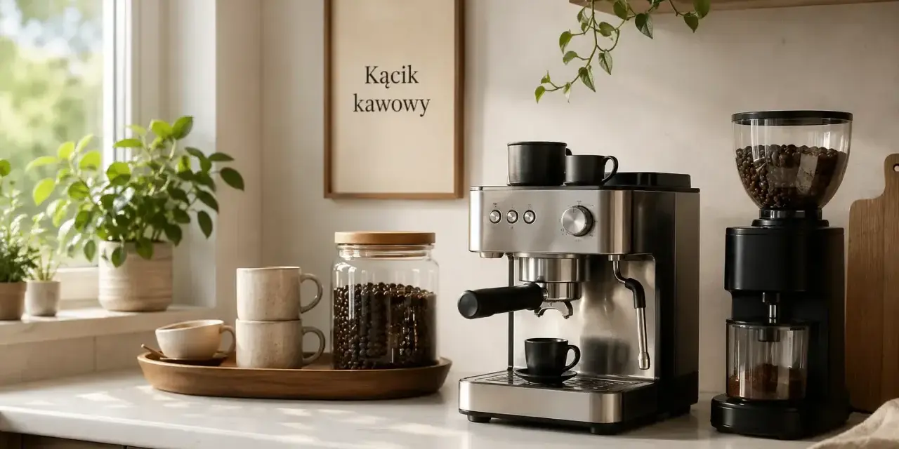 Idealny kącik kawowy w kuchni: ekspres, młynek, ziarna kawy i kubki czekają na poranną aromatyczną kawę.
