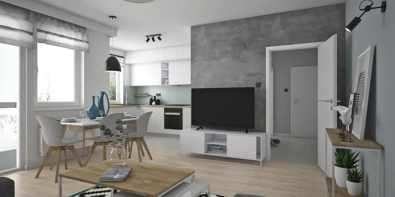 Nowoczesna aranżacja mieszkania w bloku 48m2: salon z aneksem kuchennym, jadalnia, TV, stolik kawowy, wygodna sofa.