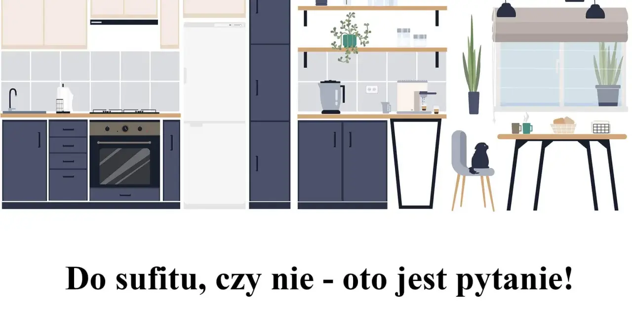 Nowoczesna kuchnia z ciemnogranatowymi szafkami i jasnymi blatami. Zastanawiasz się nad wymiarami szafek kuchennych?