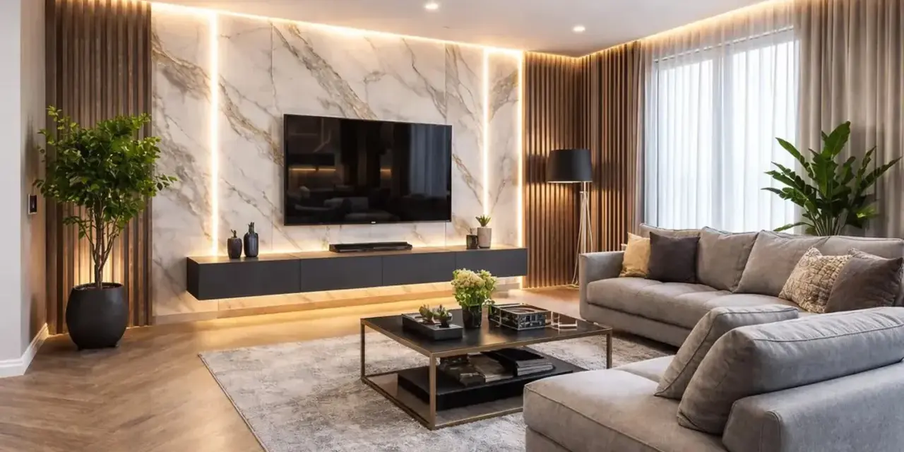 Elegancka ściana z TV glamour, z marmurowym tłem, podświetleniem LED i drewnianymi panelami. Wygodna szara sofa i nowoczesny stolik kawowy dopełniają wnętrze.