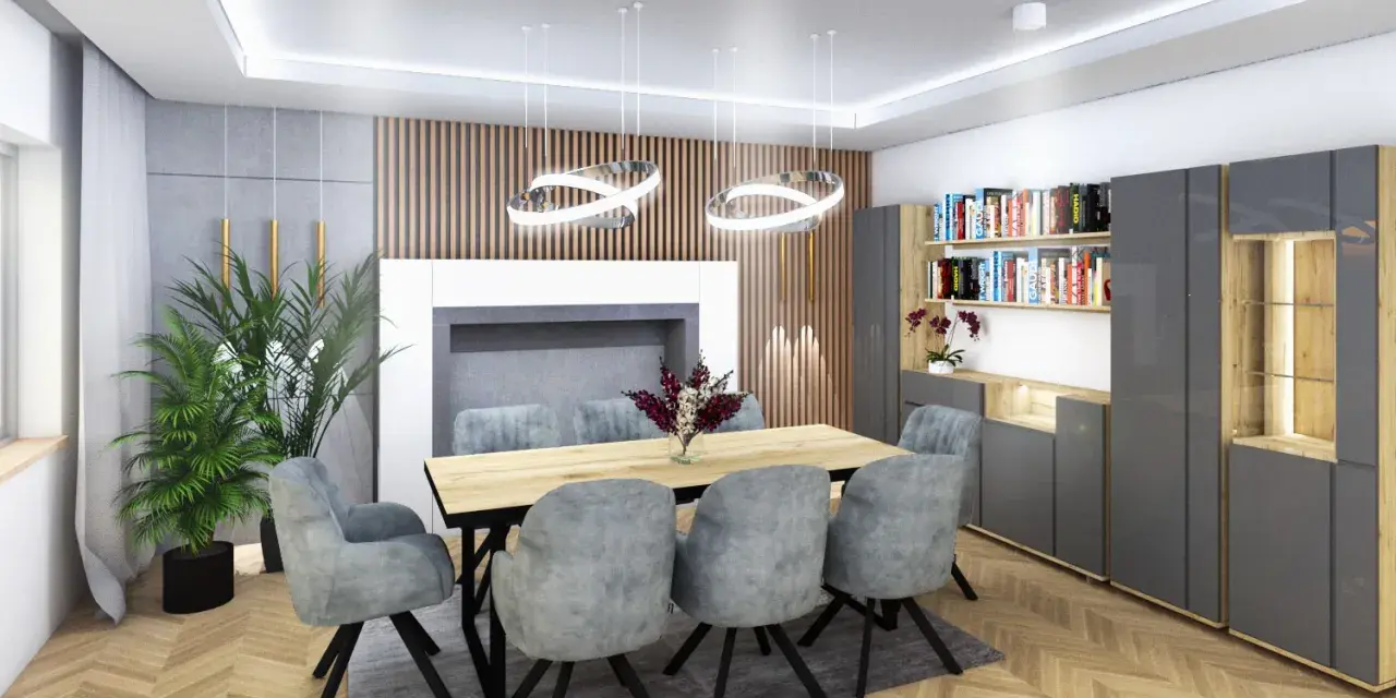 Nowoczesny salon z jadalnią, gdzie drewniane lamele tworzą ciekawy pomysł na ścianę w salonie.