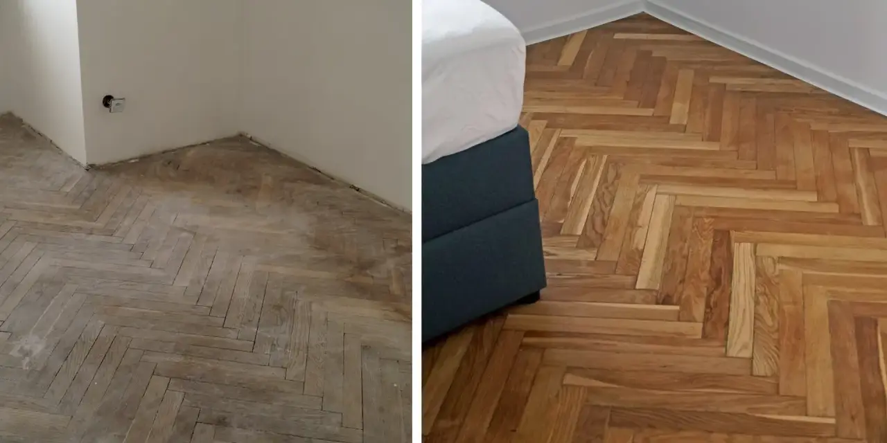 Drewniana podłoga w jodełkę przed i po cyklinowaniu. Widać wyraźną różnicę w odcieniu i połysku parkietu.