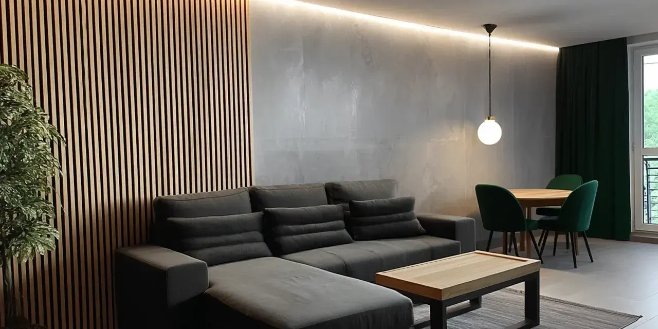 Nowoczesny salon w stylu loft. Aranżacje z szarą sofą, drewnianą ścianką i zielonymi akcentami.