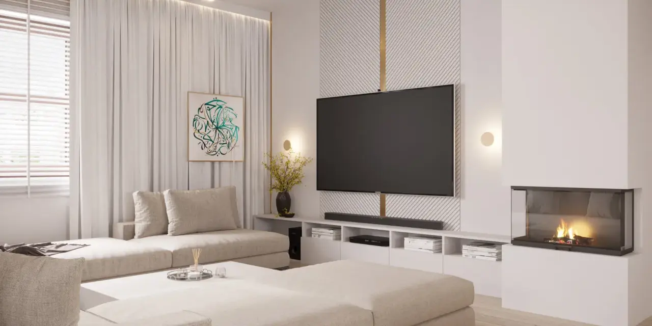 Nowoczesna ściana z telewizorem, kominkiem i wygodną kanapą. Idealne miejsce na relaks i oglądanie filmów.