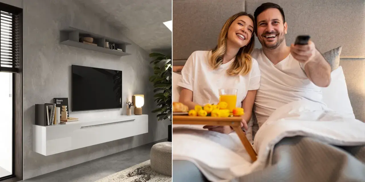 Nowoczesna ściana TV w sypialni z minimalistyczną szafką i parą cieszącą się porankiem w łóżku z tacą śniadaniową.