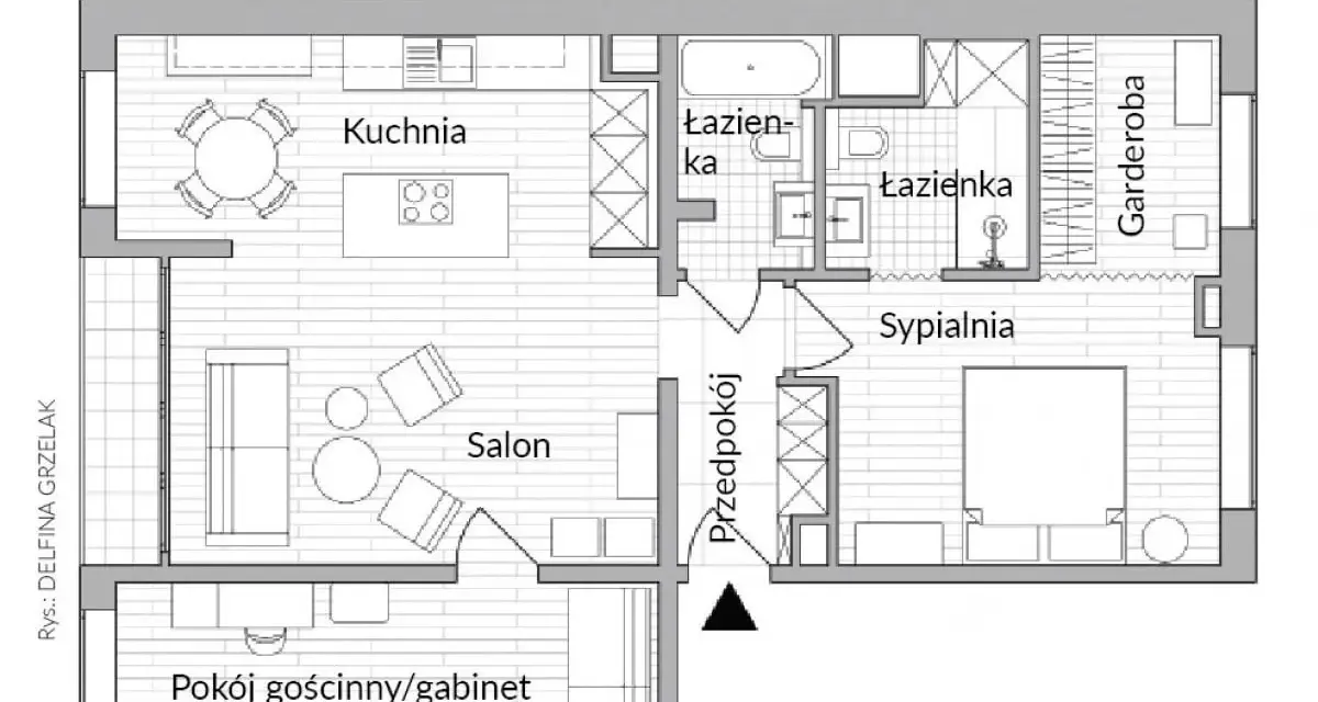 Układ mieszkań w bloku z wielkiej płyty: salon, kuchnia, sypialnia, dwie łazienki, garderoba i pokój gościnny/gabinet.