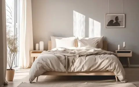 Przytulna sypialnia inspiracje: łóżko z beżową pościelą i narzutą, drewniane meble, jasne zasłony i roślina w doniczce.