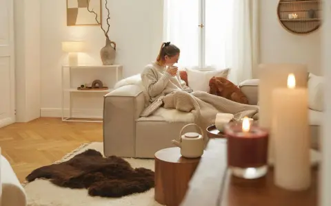 Przytulny ciepły salon. Kobieta z psem siedzi na kanapie pod kocem, pijąc herbatę.