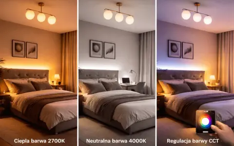Jaka lampa do sypialni? Trzy ujęcia łóżka z różnym oświetleniem: ciepłym, neutralnym i kolorowym.