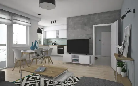 Nowoczesna aranżacja mieszkania w bloku 48m2: salon z aneksem kuchennym, jadalnia, TV, stolik kawowy, wygodna sofa.