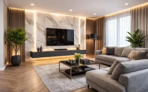 Elegancka ściana z TV glamour, z marmurowym tłem, podświetleniem LED i drewnianymi panelami. Wygodna szara sofa i nowoczesny stolik kawowy dopełniają wnętrze.