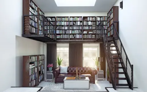 Dwupoziomowa biblioteczka w salonie z wygodną kanapą i stolikiem kawowym. Metalowe schody prowadzą na górną galerię pełną książek.
