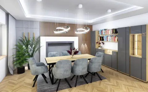 Nowoczesny salon z jadalnią, gdzie drewniane lamele tworzą ciekawy pomysł na ścianę w salonie.