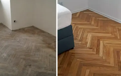 Drewniana podłoga w jodełkę przed i po cyklinowaniu. Widać wyraźną różnicę w odcieniu i połysku parkietu.