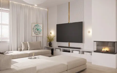 Nowoczesna ściana z telewizorem, kominkiem i wygodną kanapą. Idealne miejsce na relaks i oglądanie filmów.