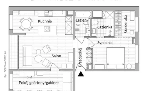 Układ mieszkań w bloku z wielkiej płyty: salon, kuchnia, sypialnia, dwie łazienki, garderoba i pokój gościnny/gabinet.