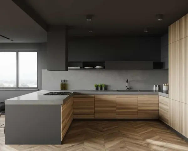 Nowoczesna kuchnia z drewnianymi frontami i betonowym blatem. Inspiracje jak urządzić kuchnię w minimalistycznym stylu.