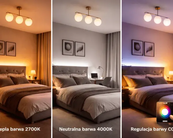 Jaka lampa do sypialni? Trzy ujęcia łóżka z różnym oświetleniem: ciepłym, neutralnym i kolorowym.