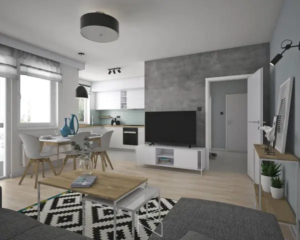 Nowoczesna aranżacja mieszkania w bloku 48m2: salon z aneksem kuchennym, jadalnia, TV, stolik kawowy, wygodna sofa.