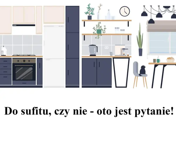 Nowoczesna kuchnia z ciemnogranatowymi szafkami i jasnymi blatami. Zastanawiasz się nad wymiarami szafek kuchennych?