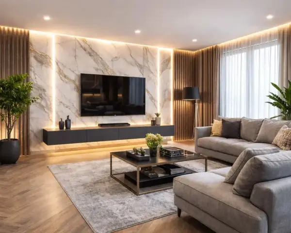 Elegancka ściana z TV glamour, z marmurowym tłem, podświetleniem LED i drewnianymi panelami. Wygodna szara sofa i nowoczesny stolik kawowy dopełniają wnętrze.