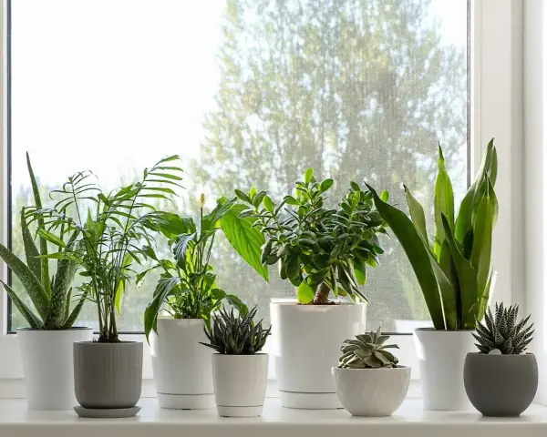 Kwiaty w domu inspiracje: zielona oaza na parapecie. Aloes, paproć, grubosz i sansewieria tworzą naturalną dekorację.