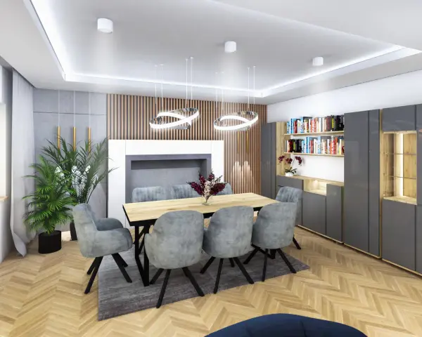 Nowoczesny salon z jadalnią, gdzie drewniane lamele tworzą ciekawy pomysł na ścianę w salonie.