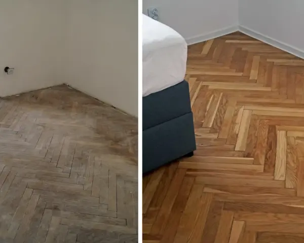 Drewniana podłoga w jodełkę przed i po cyklinowaniu. Widać wyraźną różnicę w odcieniu i połysku parkietu.