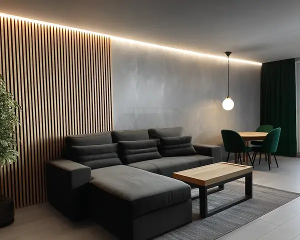 Nowoczesny salon w stylu loft. Aranżacje z szarą sofą, drewnianą ścianką i zielonymi akcentami.