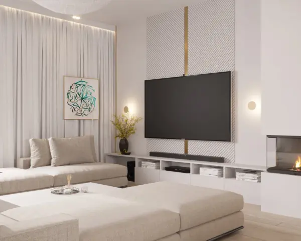 Nowoczesna ściana z telewizorem, kominkiem i wygodną kanapą. Idealne miejsce na relaks i oglądanie filmów.