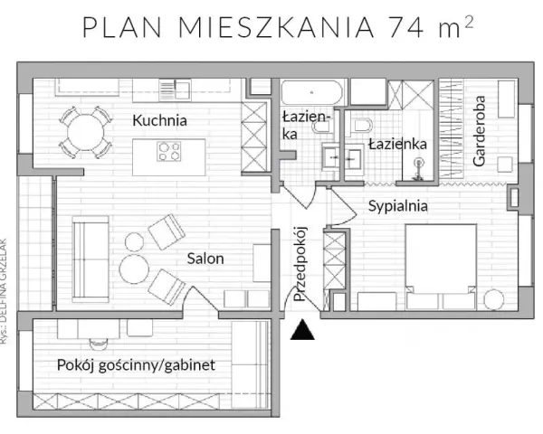 Układ mieszkań w bloku z wielkiej płyty: salon, kuchnia, sypialnia, dwie łazienki, garderoba i pokój gościnny/gabinet.