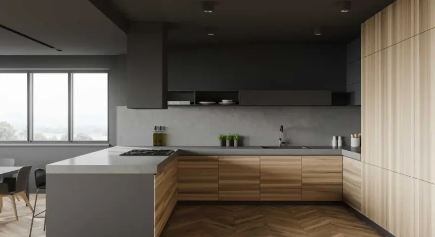 Nowoczesna kuchnia z drewnianymi frontami i betonowym blatem. Inspiracje jak urządzić kuchnię w minimalistycznym stylu.