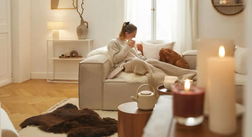 Przytulny ciepły salon. Kobieta z psem siedzi na kanapie pod kocem, pijąc herbatę.