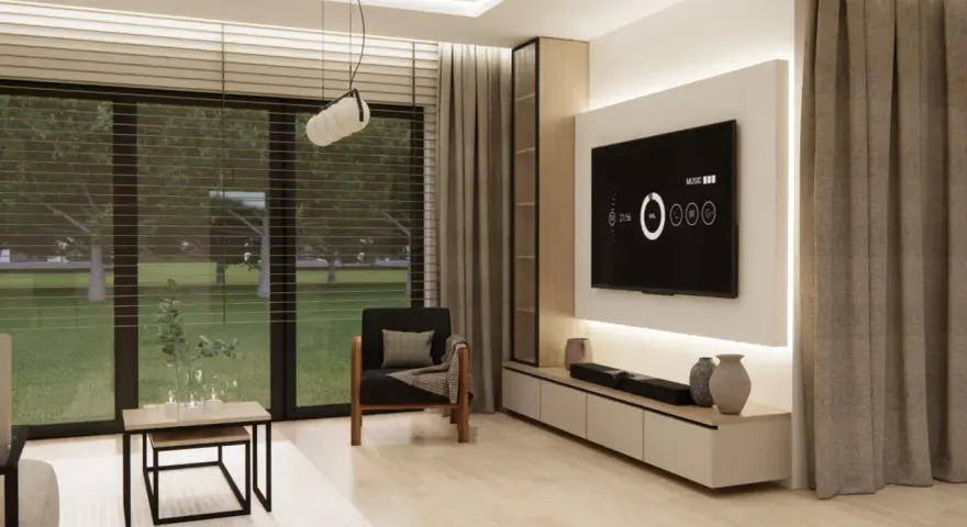 Nowoczesna scianka tv z podświetleniem LED, minimalistyczna szafka RTV i wygodny fotel.