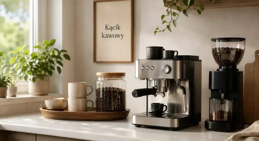 Idealny kącik kawowy w kuchni: ekspres, młynek, ziarna kawy i kubki czekają na poranną aromatyczną kawę.