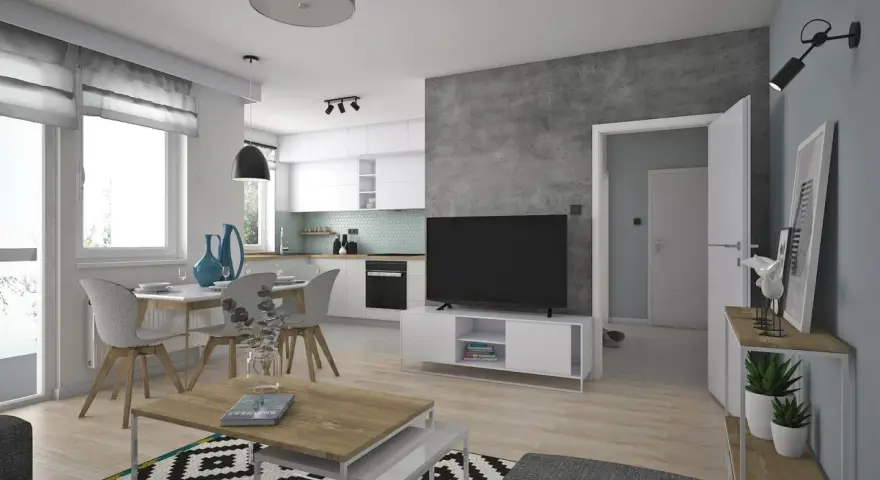 Nowoczesna aranżacja mieszkania w bloku 48m2: salon z aneksem kuchennym, jadalnia, TV, stolik kawowy, wygodna sofa.