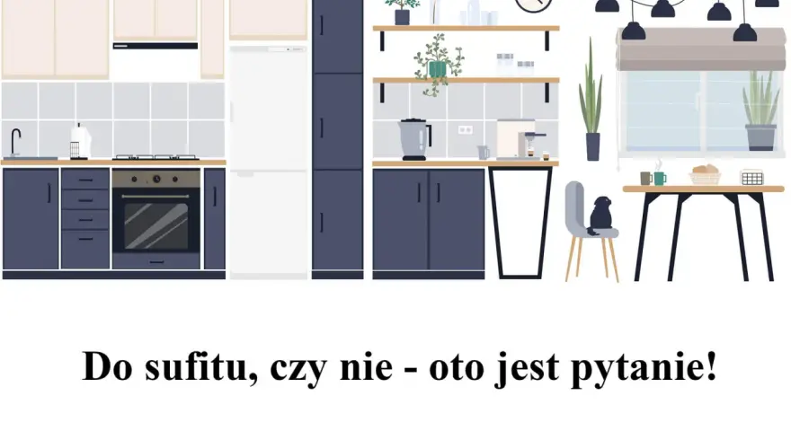 Nowoczesna kuchnia z ciemnogranatowymi szafkami i jasnymi blatami. Zastanawiasz się nad wymiarami szafek kuchennych?