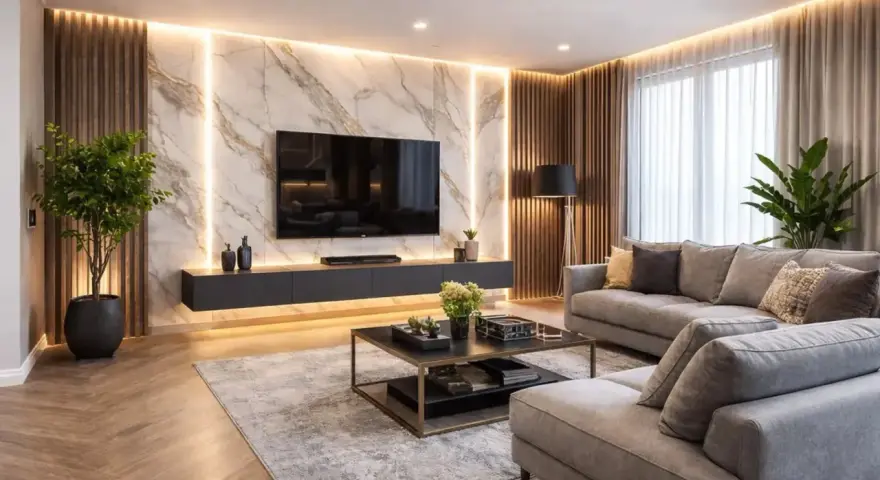 Elegancka ściana z TV glamour, z marmurowym tłem, podświetleniem LED i drewnianymi panelami. Wygodna szara sofa i nowoczesny stolik kawowy dopełniają wnętrze.